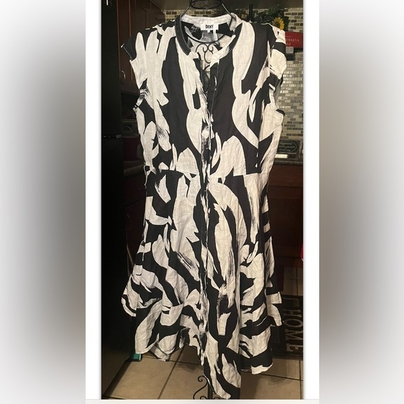 DKNY PURE Linen Printed Cap Sleeve Dress Sz 14 Swing Black & White - Picture 3 of 8
